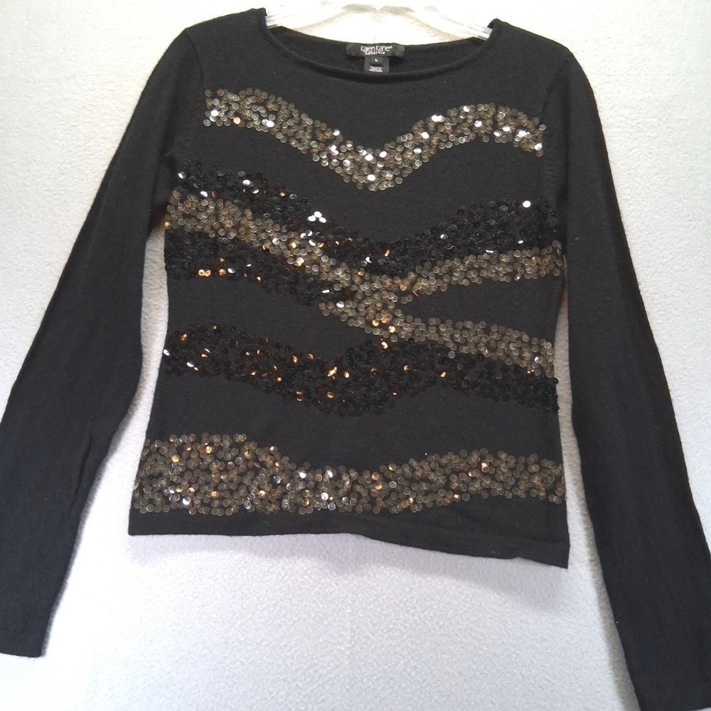 Karen Kane Women's Black 100% Wool Long‎ Sleeve Sweater, Sequence, Size Large